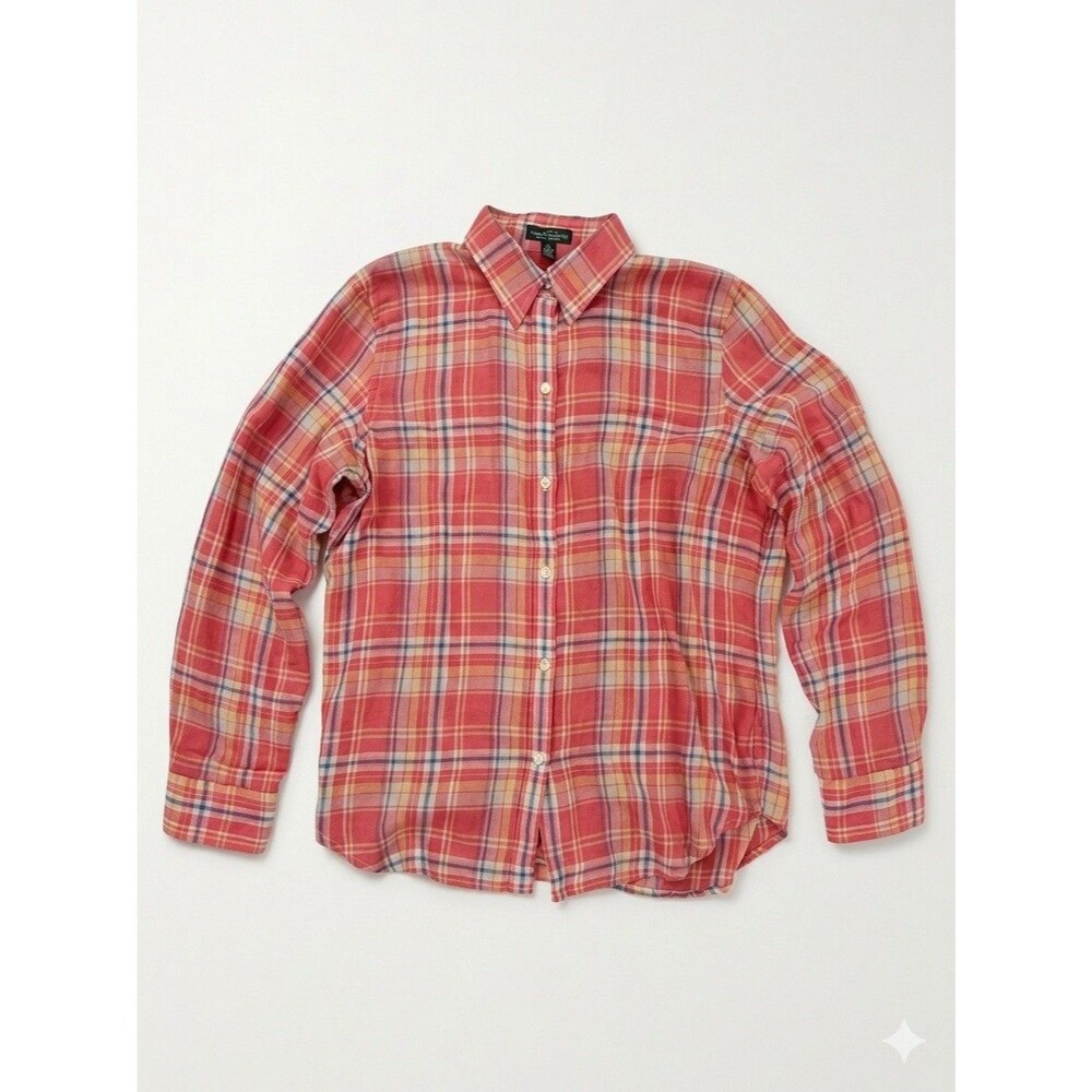 LRL Lauren Jeans Co Womens Shirt Plaid Long Sleeve Button Blue Pink Yellow L 074